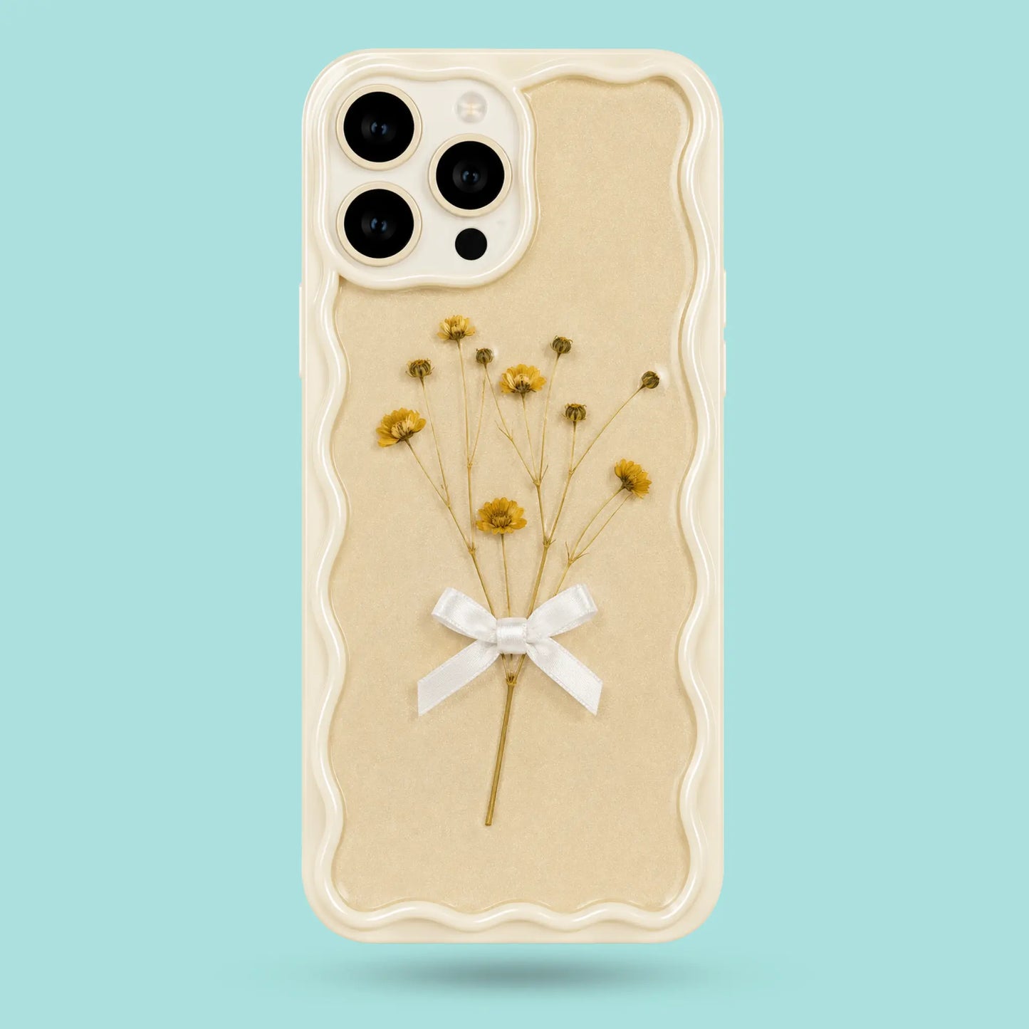 iPhone 16 Pro Max - Wavy Cream Pressed Flower Phone Case with Ribbon Bow Accent