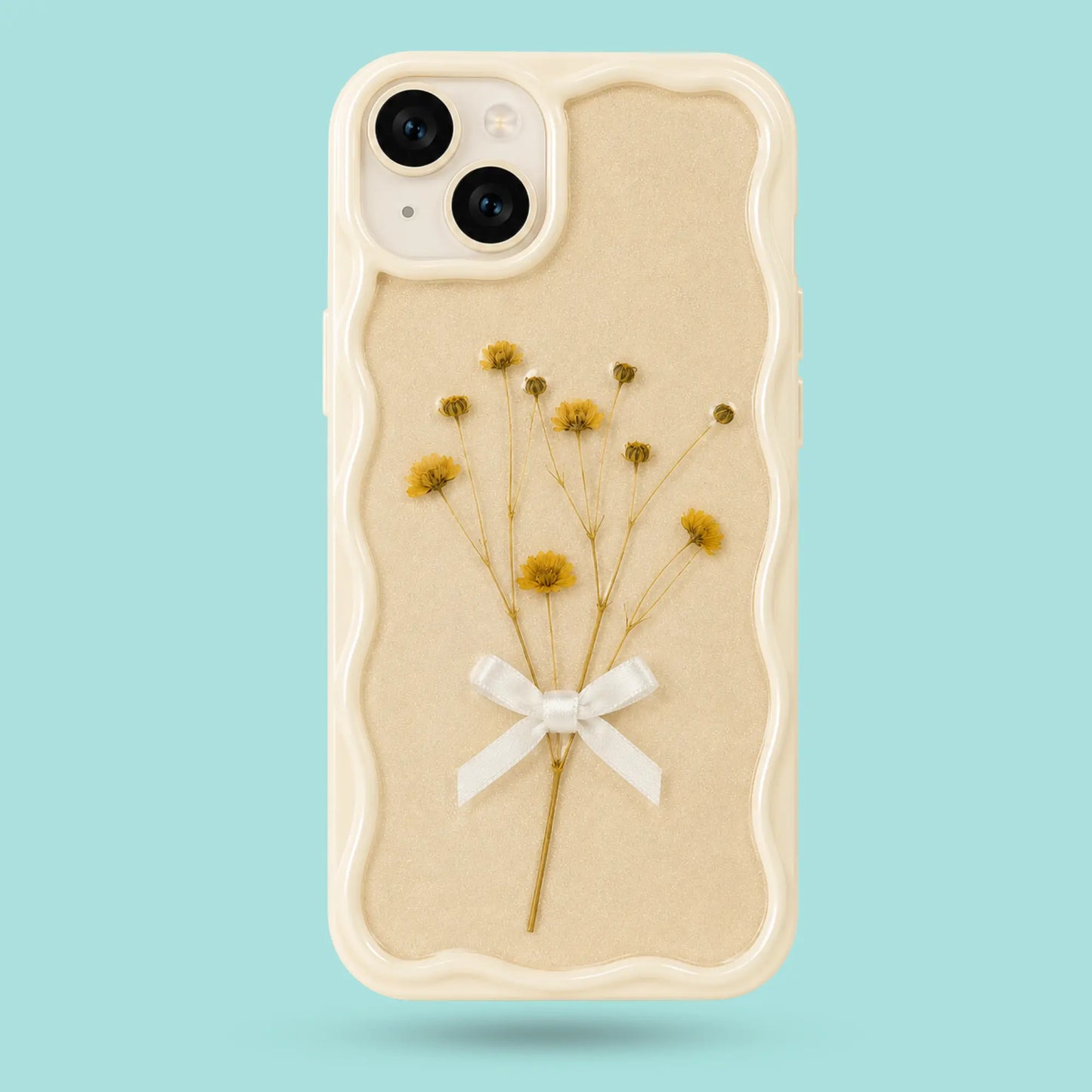 iPhone 15 - Wavy Cream Pressed Flower Phone Case with Ribbon Bow Accent