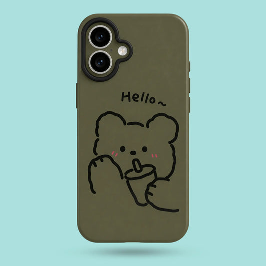 iPhone 16 - Cute Bear Holding a Drink Say Hello Case