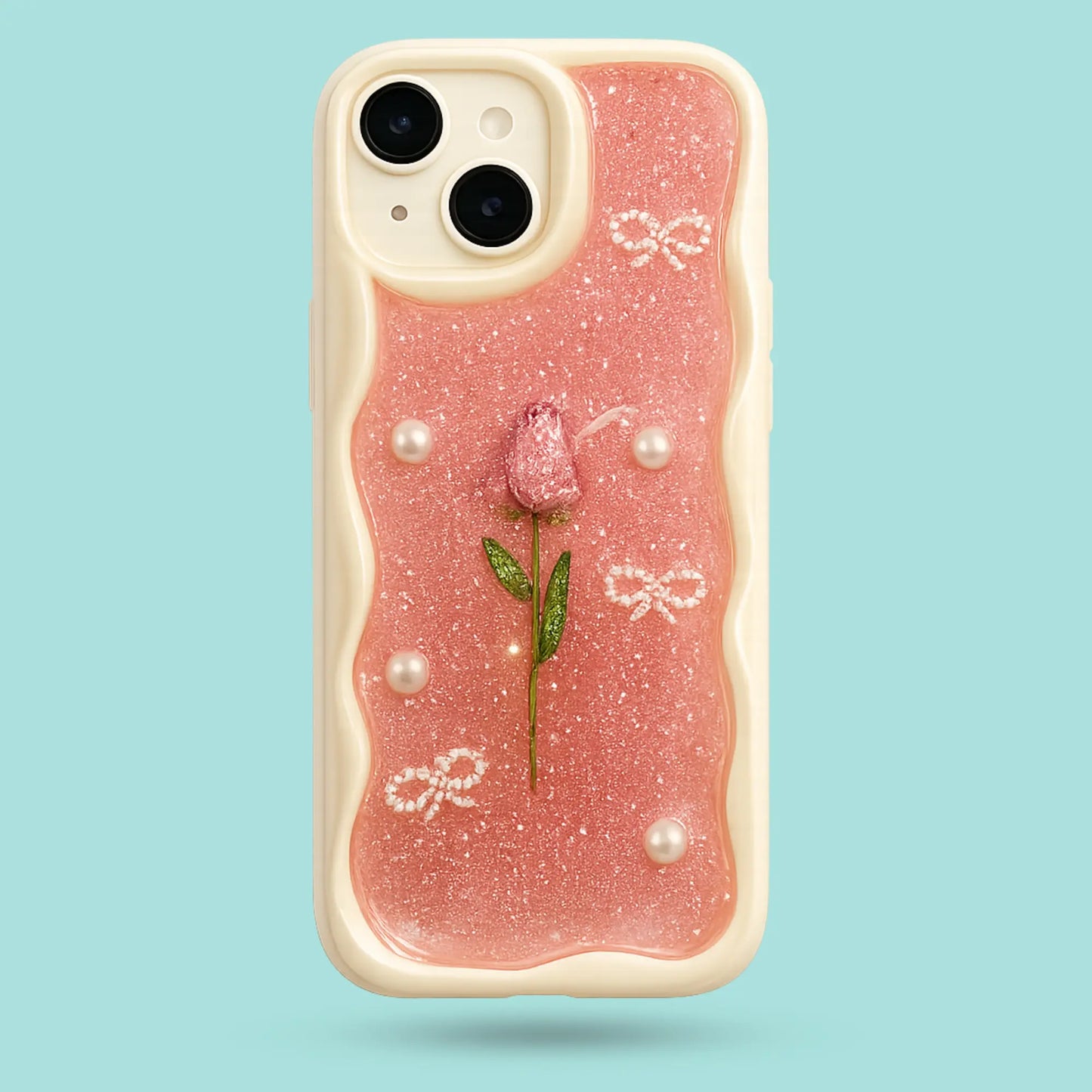 iPhone 15 - Glitter Pink Wavy Phone Case with Pressed Rose and Pearl Bows