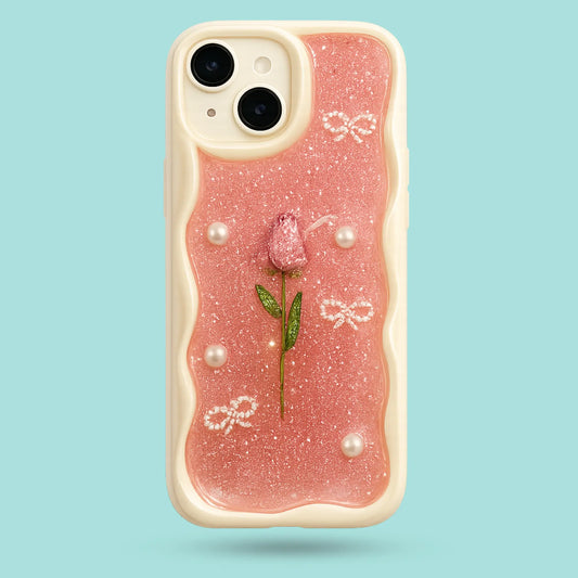 iPhone 15 - Glitter Pink Wavy Phone Case with Pressed Rose and Pearl Bows
